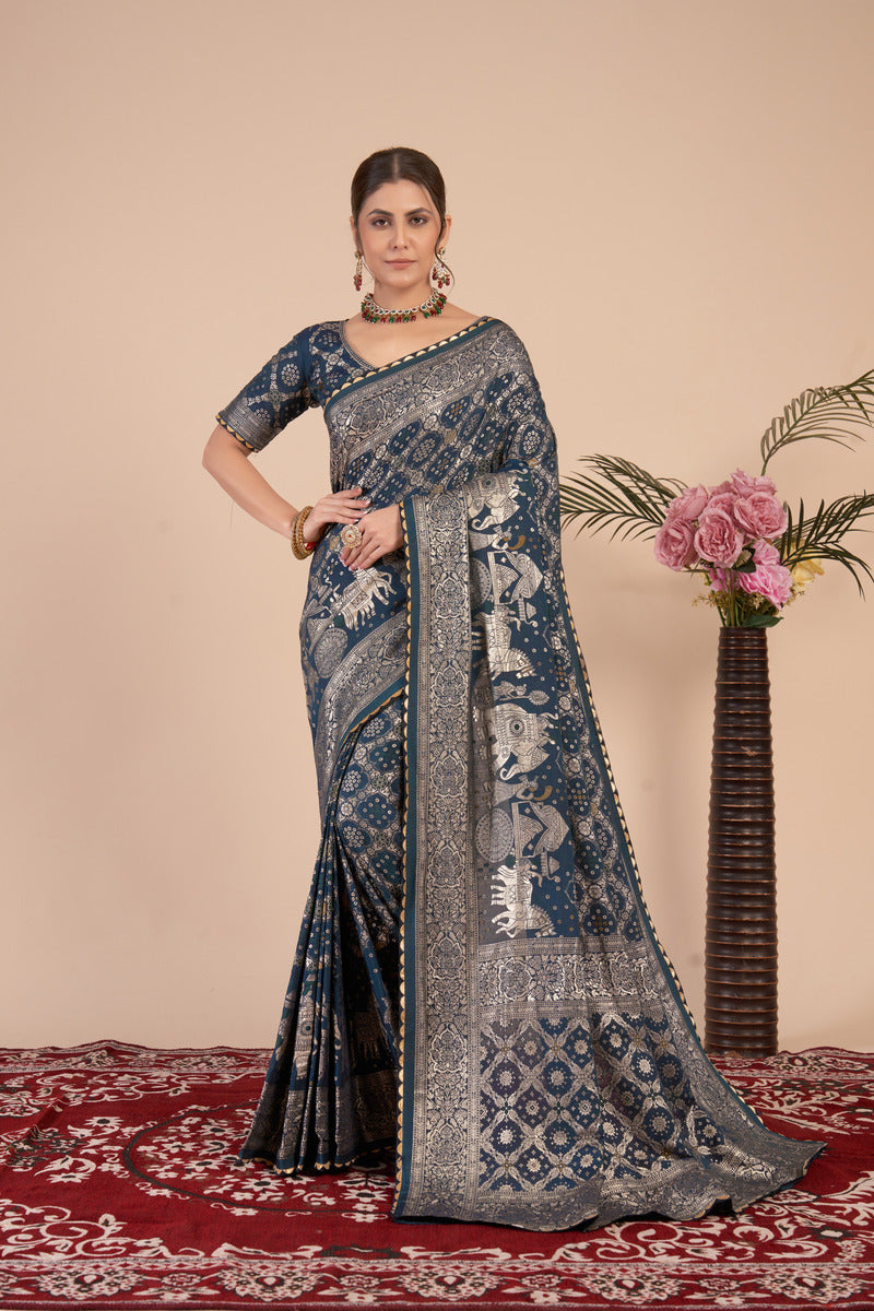 Blue Gold  Silk Cotton Saree - Woven Design | SANGINI