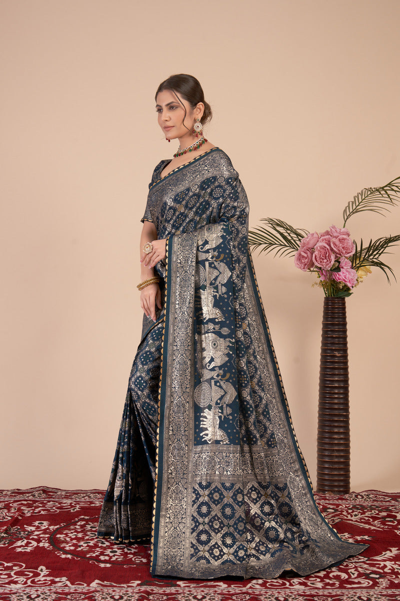 Blue Gold  Silk Cotton Saree - Woven Design | SANGINI