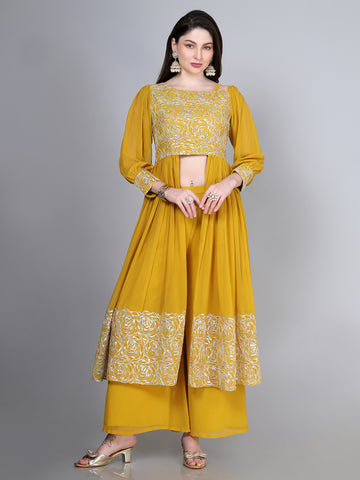 Mustard Embroidered Co-ord Set | Poly Georgette by Laxis