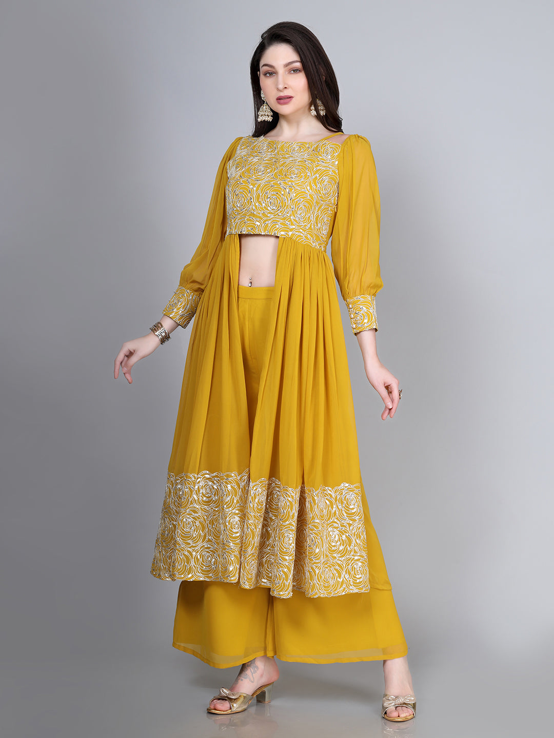 Mustard Embroidered Co-ord Set | Poly Georgette by Laxis