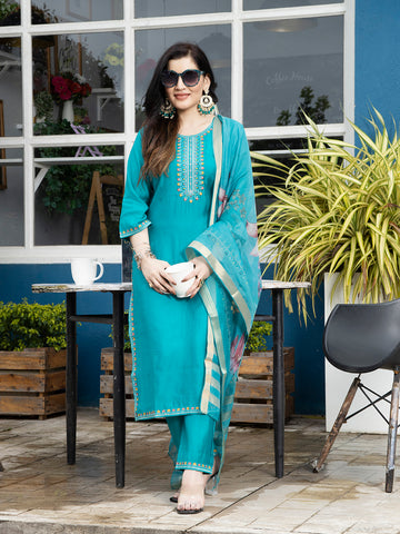 Blue Chanderi Silk Embroidered Kurta Set With Dupatta | Laxis