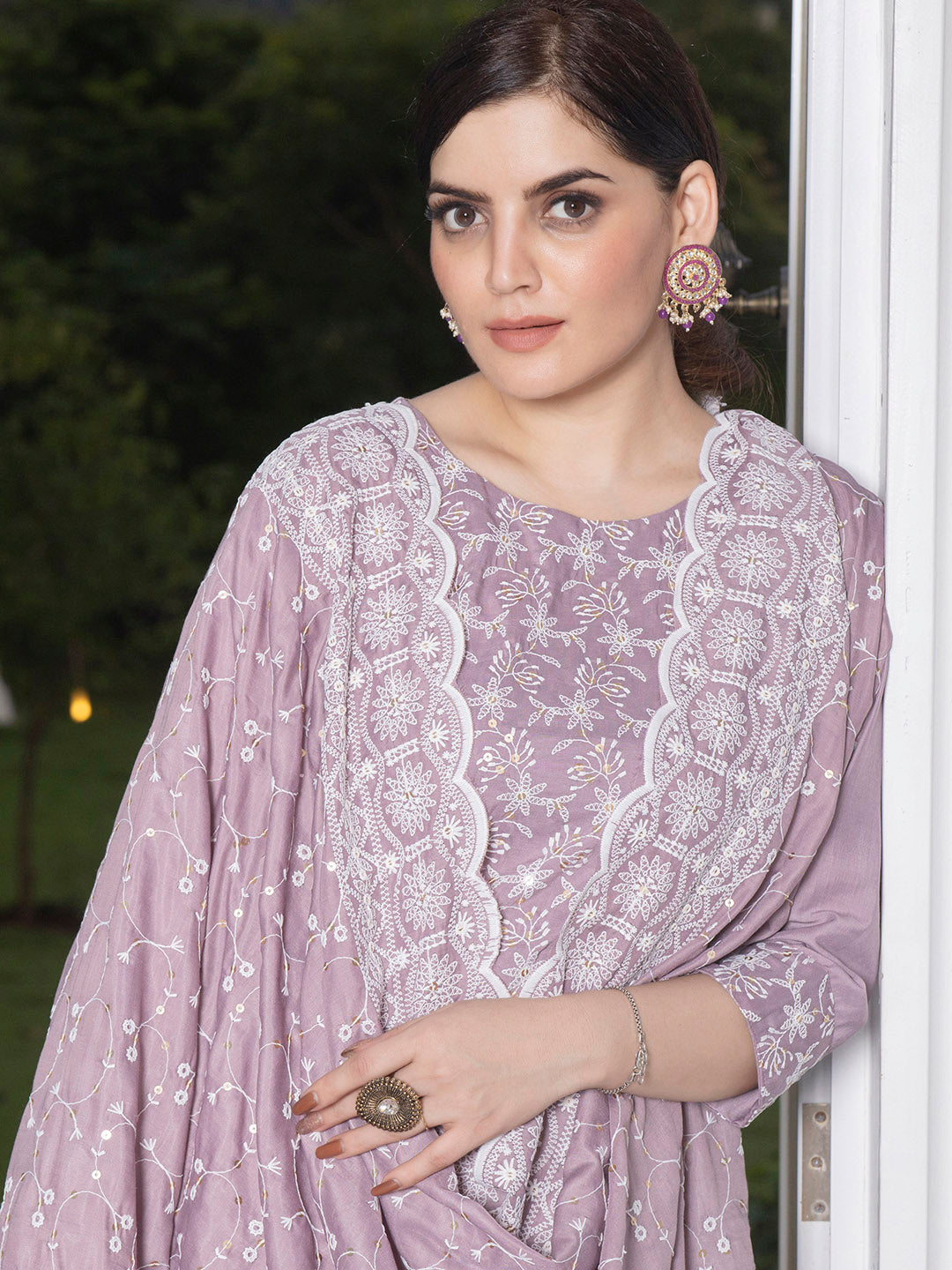 Lavender Chinon Embroidered Kurta Set with Dupatta - Laxis