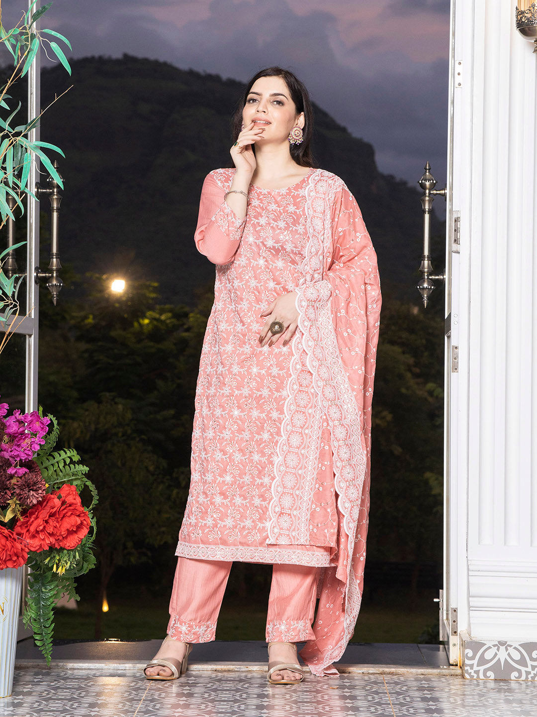 Peach Chinon Embroidered Kurta Set With Dupatta - Laxis