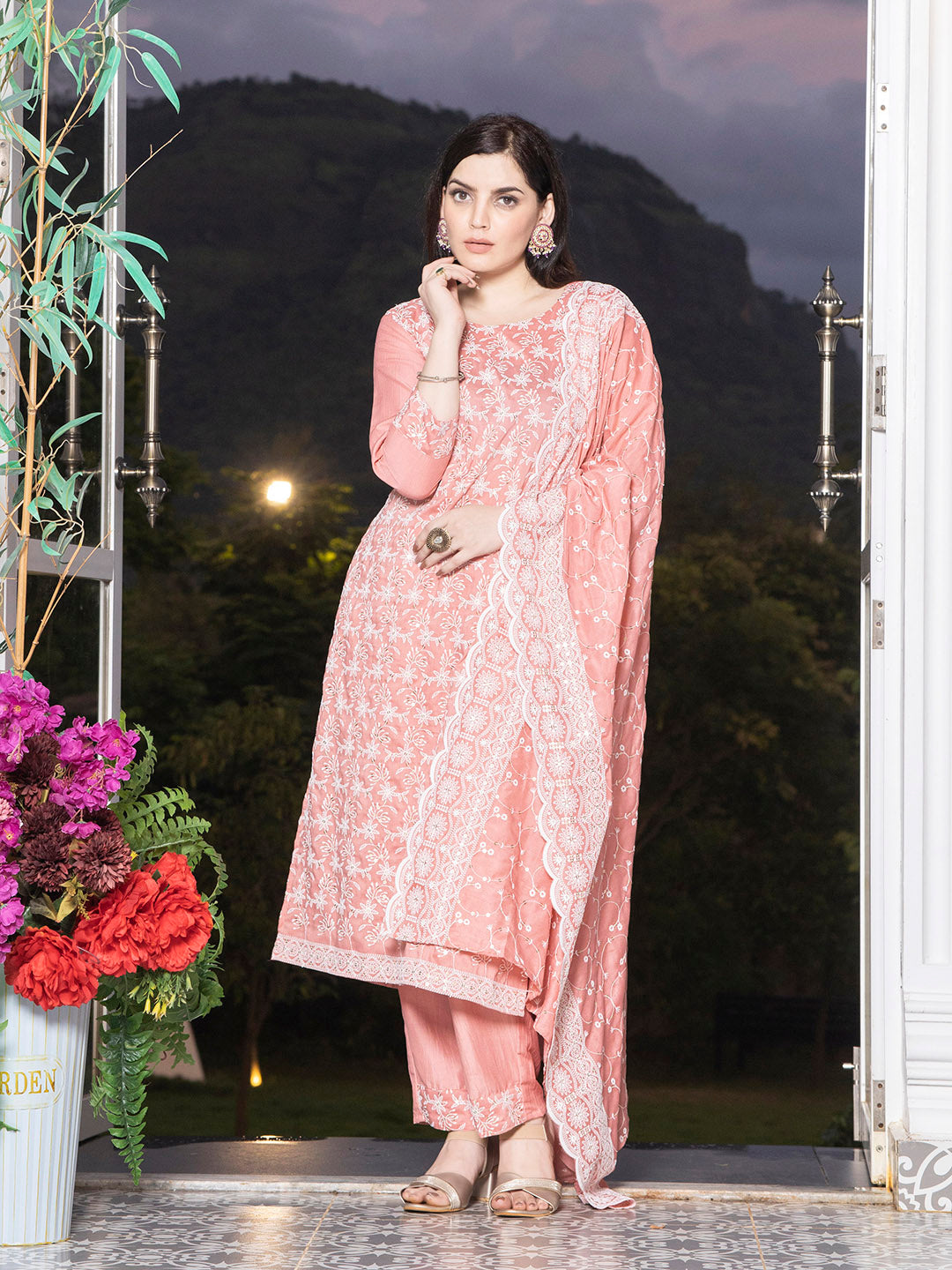 Peach Chinon Embroidered Kurta Set With Dupatta - Laxis