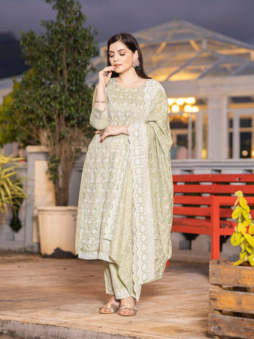 Pista Chinon  Green Embroidered Kurta Set with Dupatta - Laxis