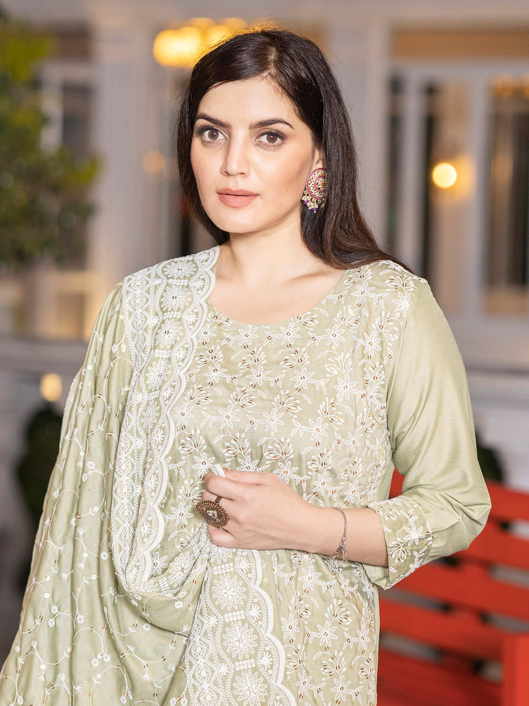 Pista Chinon  Green Embroidered Kurta Set with Dupatta - Laxis