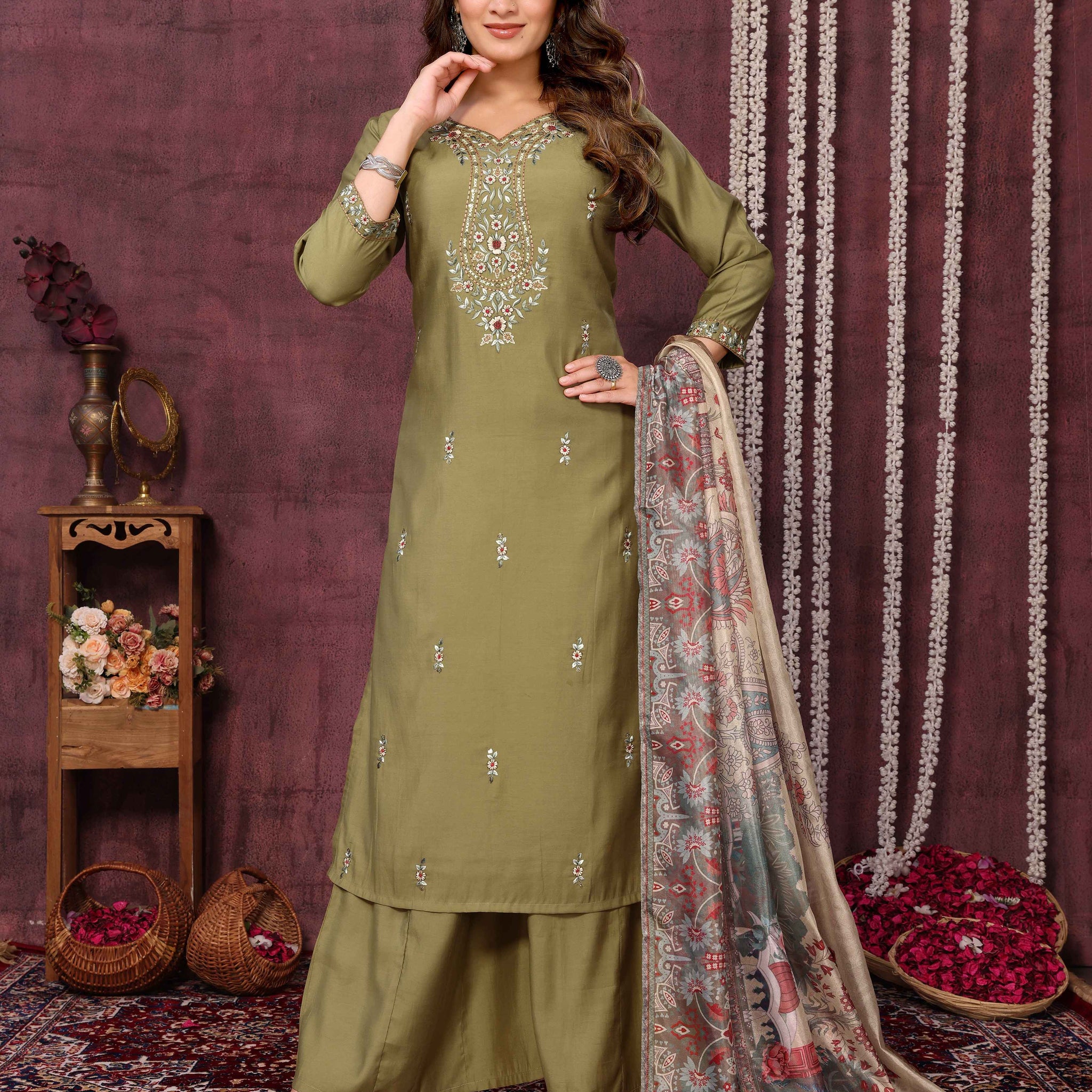 SUNDARNAARI Organic Cotton Embroidered Kurta Set in Olive Green – Sustainable & Stylish Women's Wear