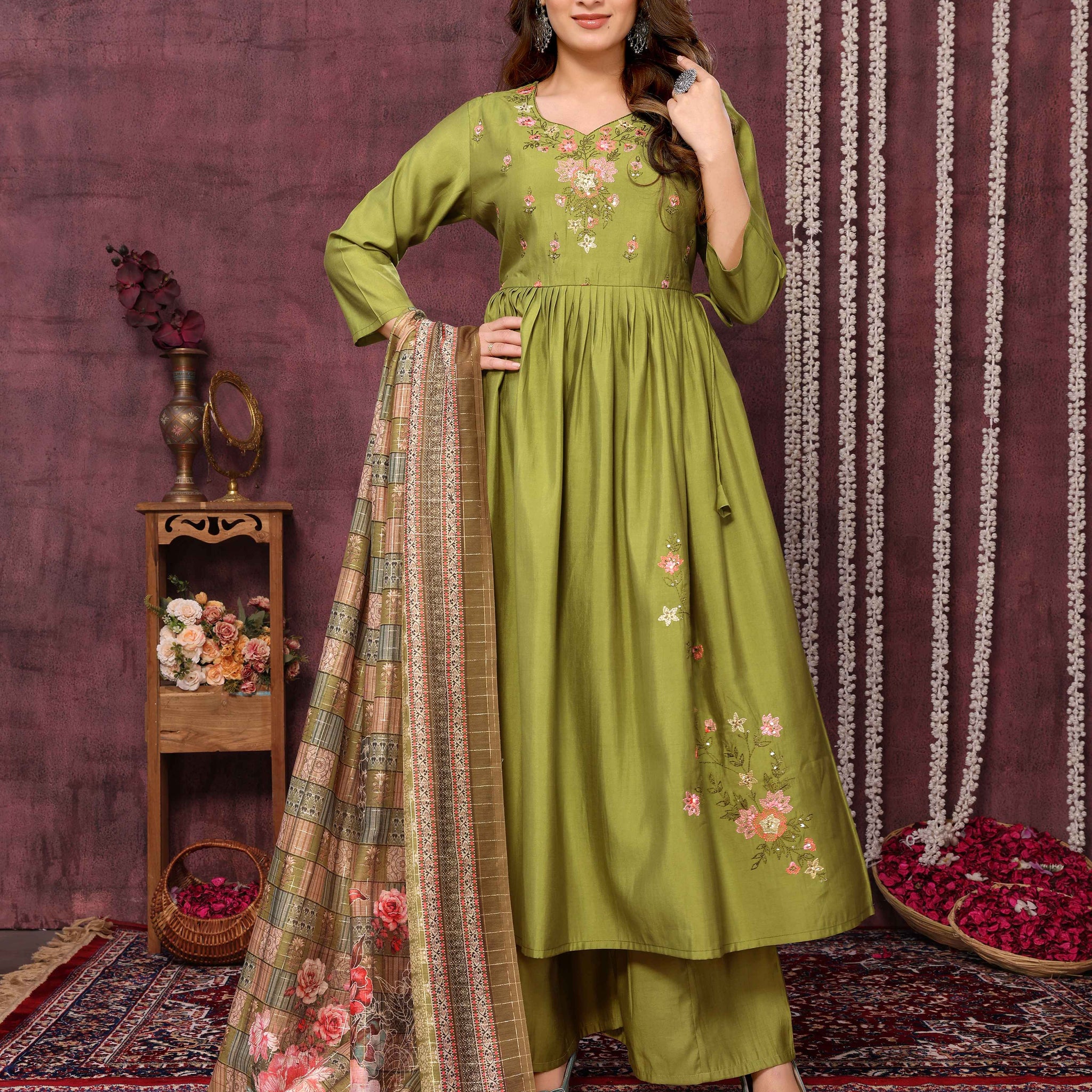 SUNDARNAARI Green Organic Cotton Embroidered Kurta Set - Eco-Friendly & Elegant Design