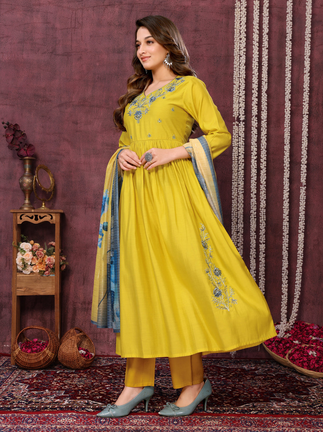 SUNDARNAARI Organic Cotton Embroidered Kurta Set in Yellow – Stylish & Sustainable Women's Wear