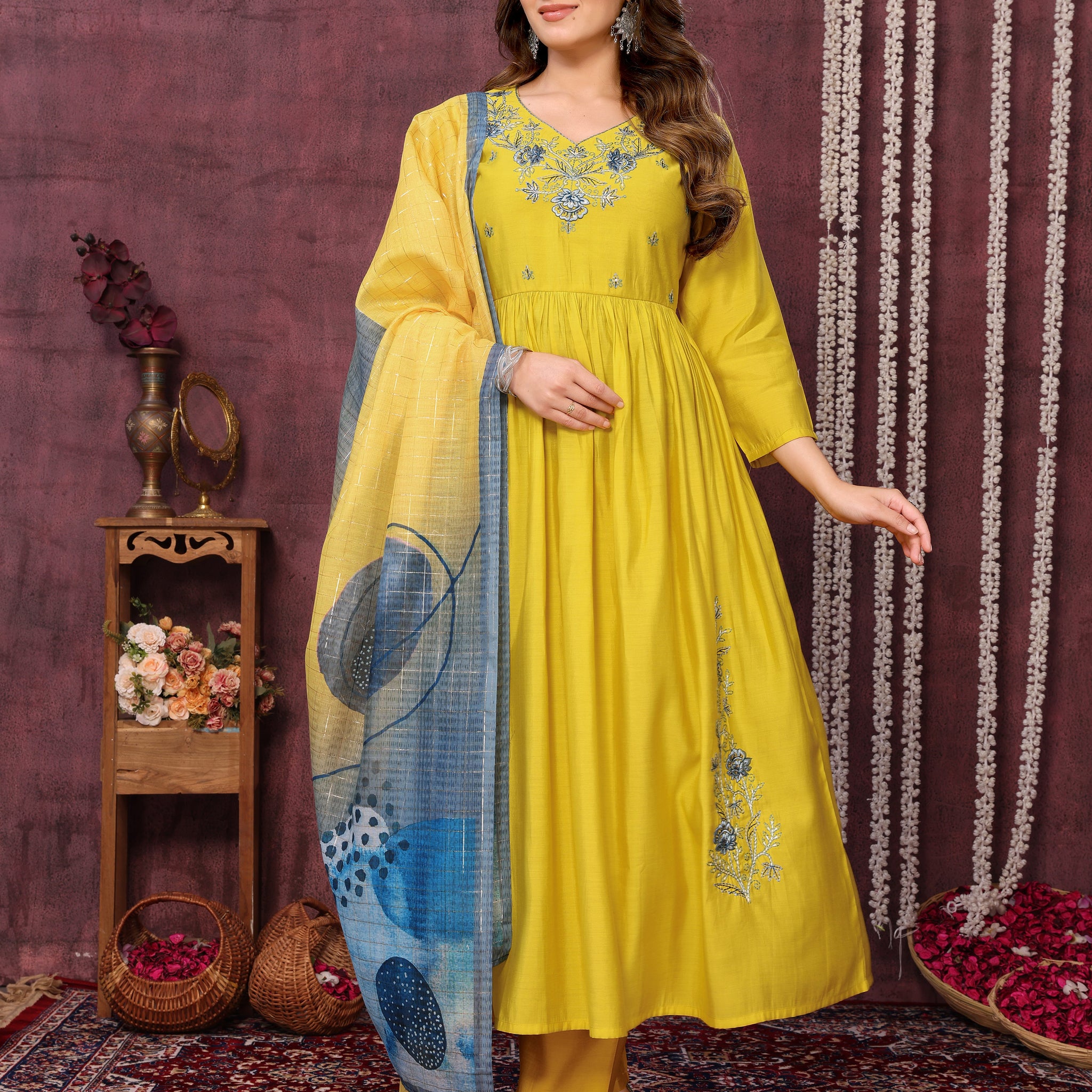 SUNDARNAARI Organic Cotton Embroidered Kurta Set in Yellow – Stylish & Sustainable Women's Wear