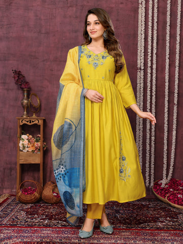 SUNDARNAARI Organic Cotton Embroidered Kurta Set in Yellow – Stylish & Sustainable Women's Wear