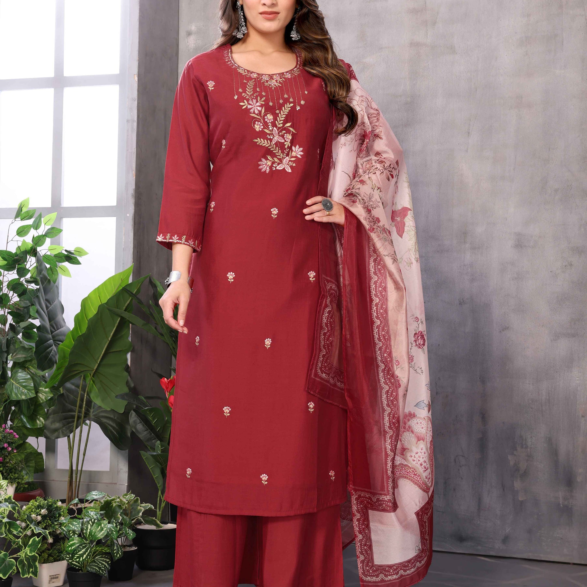 SUNDARNAARI Organic Cotton Embroidered Kurta Set – Elegant Red Traditional Wear for Women