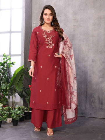 SUNDARNAARI Organic Cotton Embroidered Kurta Set – Elegant Red Traditional Wear for Women