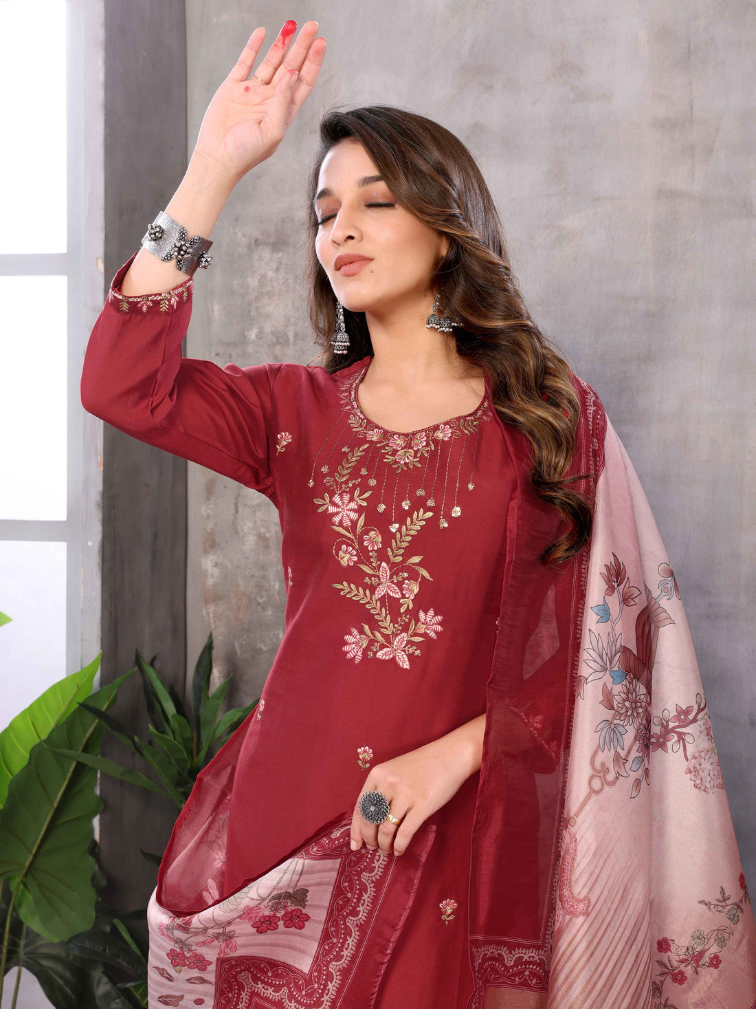 SUNDARNAARI Organic Cotton Embroidered Kurta Set – Elegant Red Traditional Wear for Women