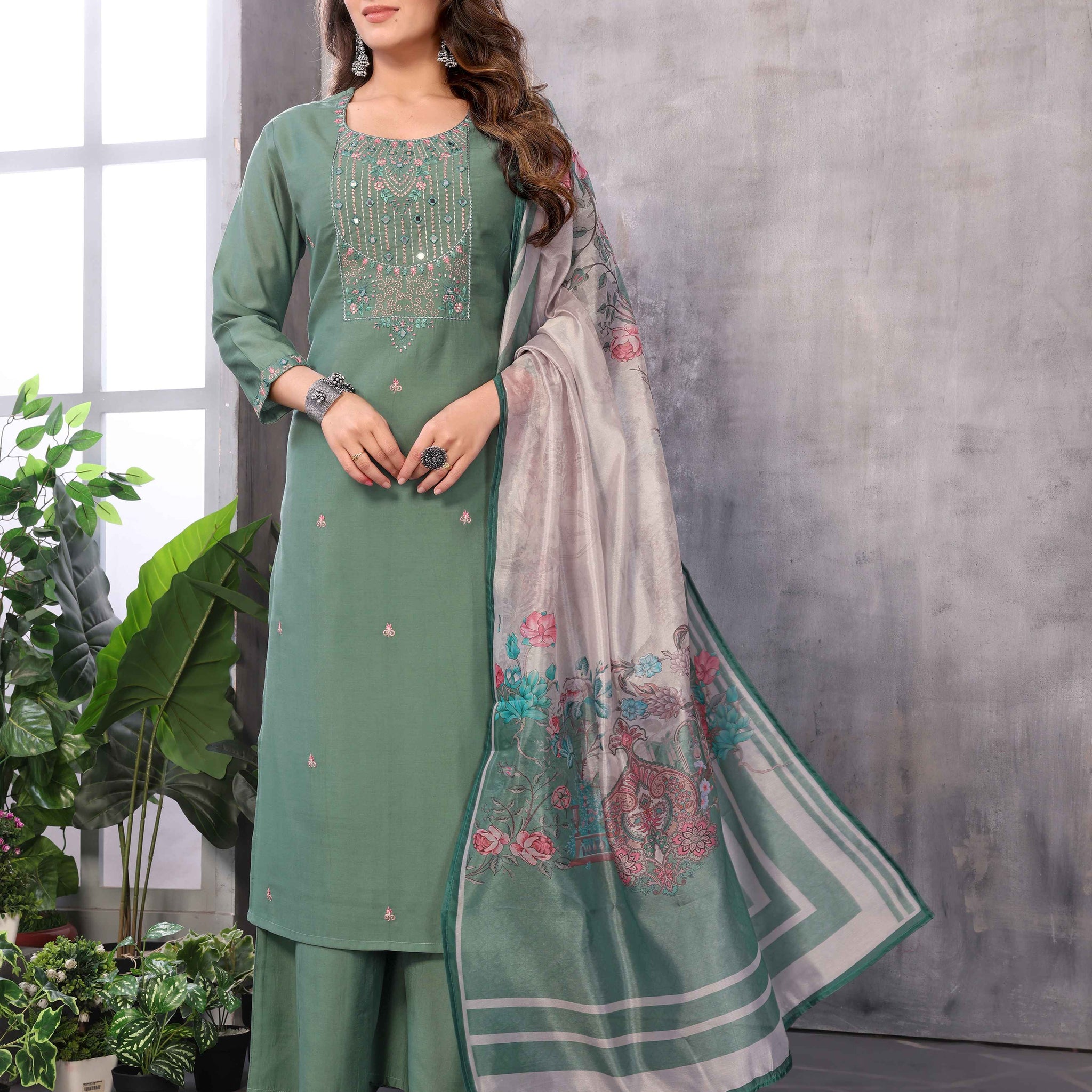 SUNDARNAARI Organic Cotton Embroidered Kurta Set in Sea Green – Comfortable & Elegant Traditional Wear for Women