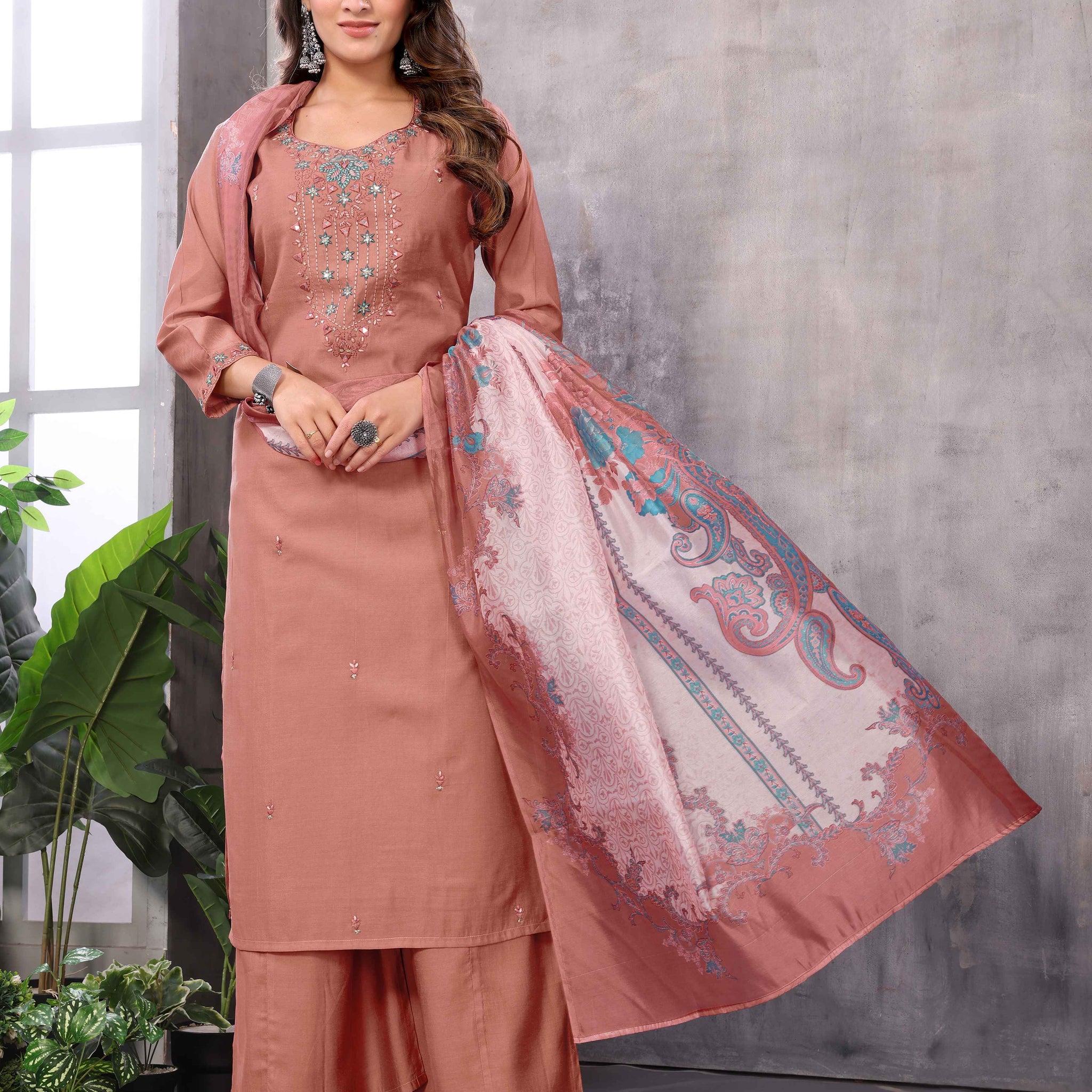 SUNDARNAARI Organic Cotton Embroidered Kurta Set in Brick Color – Stylish & Sustainable Women's Wear