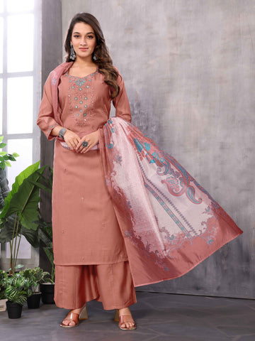 SUNDARNAARI Organic Cotton Embroidered Kurta Set in Brick Color – Stylish & Sustainable Women's Wear