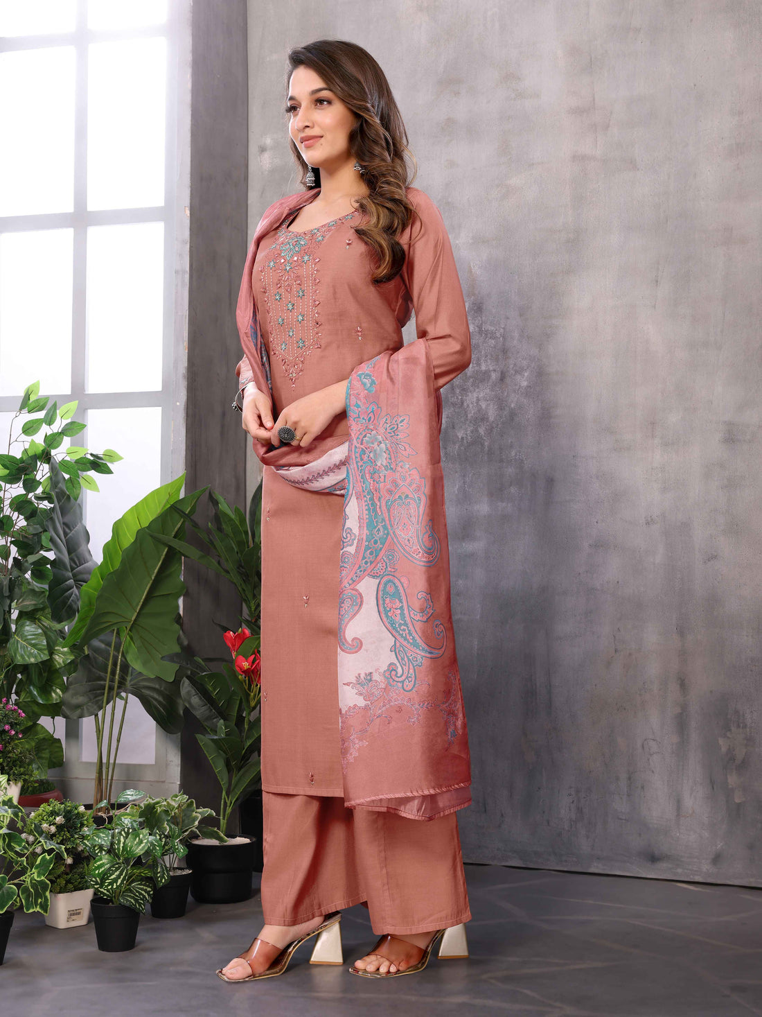 SUNDARNAARI Organic Cotton Embroidered Kurta Set in Brick Color – Stylish & Sustainable Women's Wear