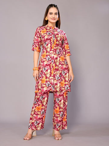 SUNDARNAARI Cotton Blend Printed Co-Ords – Elegant & Comfortable, Maroon