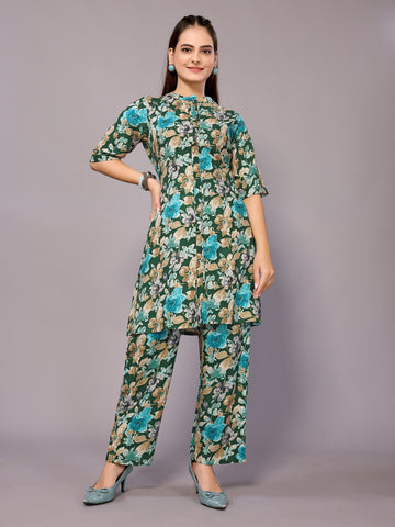 SUNDARNAARI Cotton Blend Printed Co-Ords – Stylish Bottle Green Casual Wear