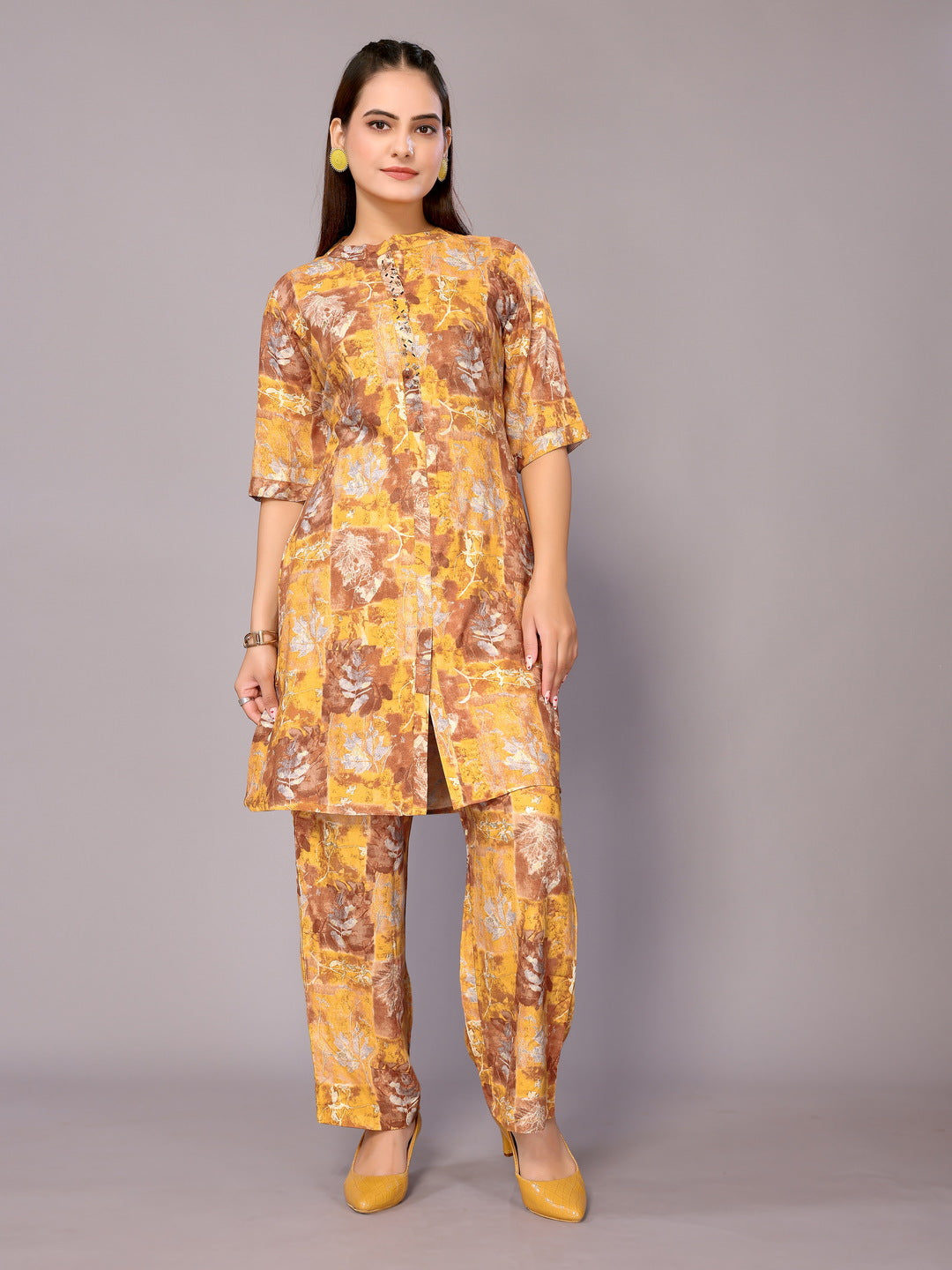 SUNDARNAARI Cotton Blend Printed Co-Ords – Stylish & Comfortable, Mustard