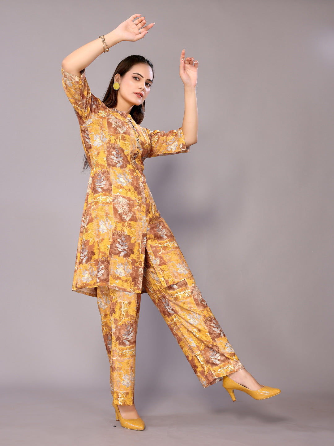 SUNDARNAARI Cotton Blend Printed Co-Ords – Stylish & Comfortable, Mustard