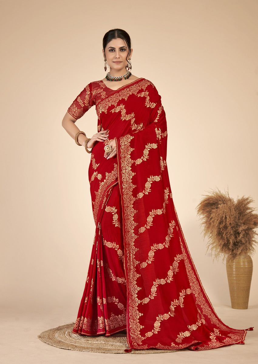 Red Gold  Silk Cotton Saree - Woven Design | SANGINI