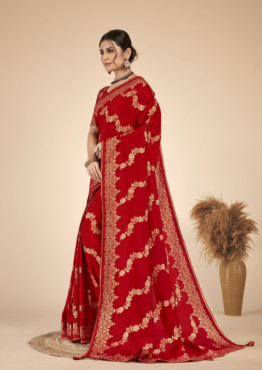 Red Gold  Silk Cotton Saree - Woven Design | SANGINI