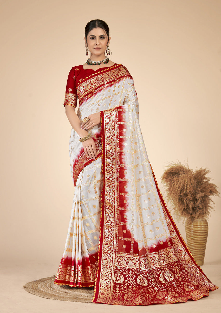 White Red Silk Cotton Saree - Woven Design | SANGINI