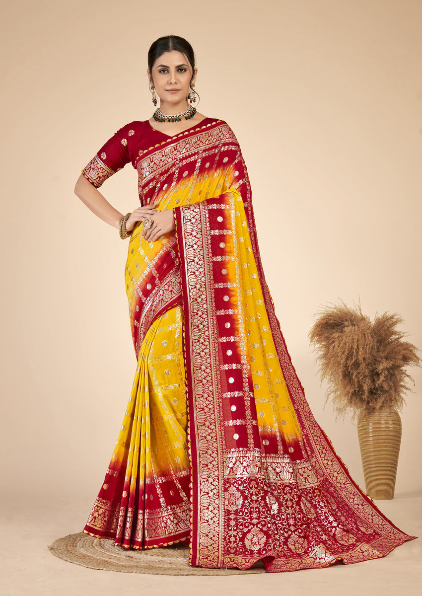 Yellow Red  Silk Cotton Saree - Woven Design | SANGINI