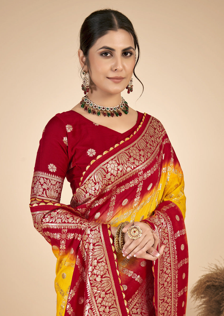 Yellow Red  Silk Cotton Saree - Woven Design | SANGINI