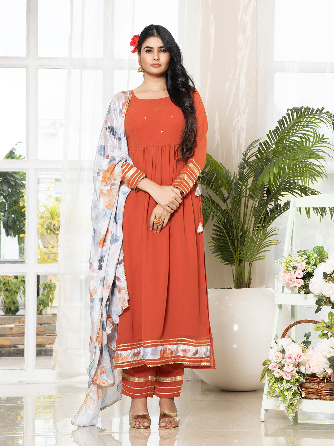 Red Georgette Kurta Set With Dupatta - Laxis