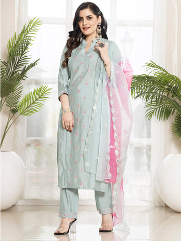 Chanderi Silk Embroidered Kurta Set with Dupatta - Laxis