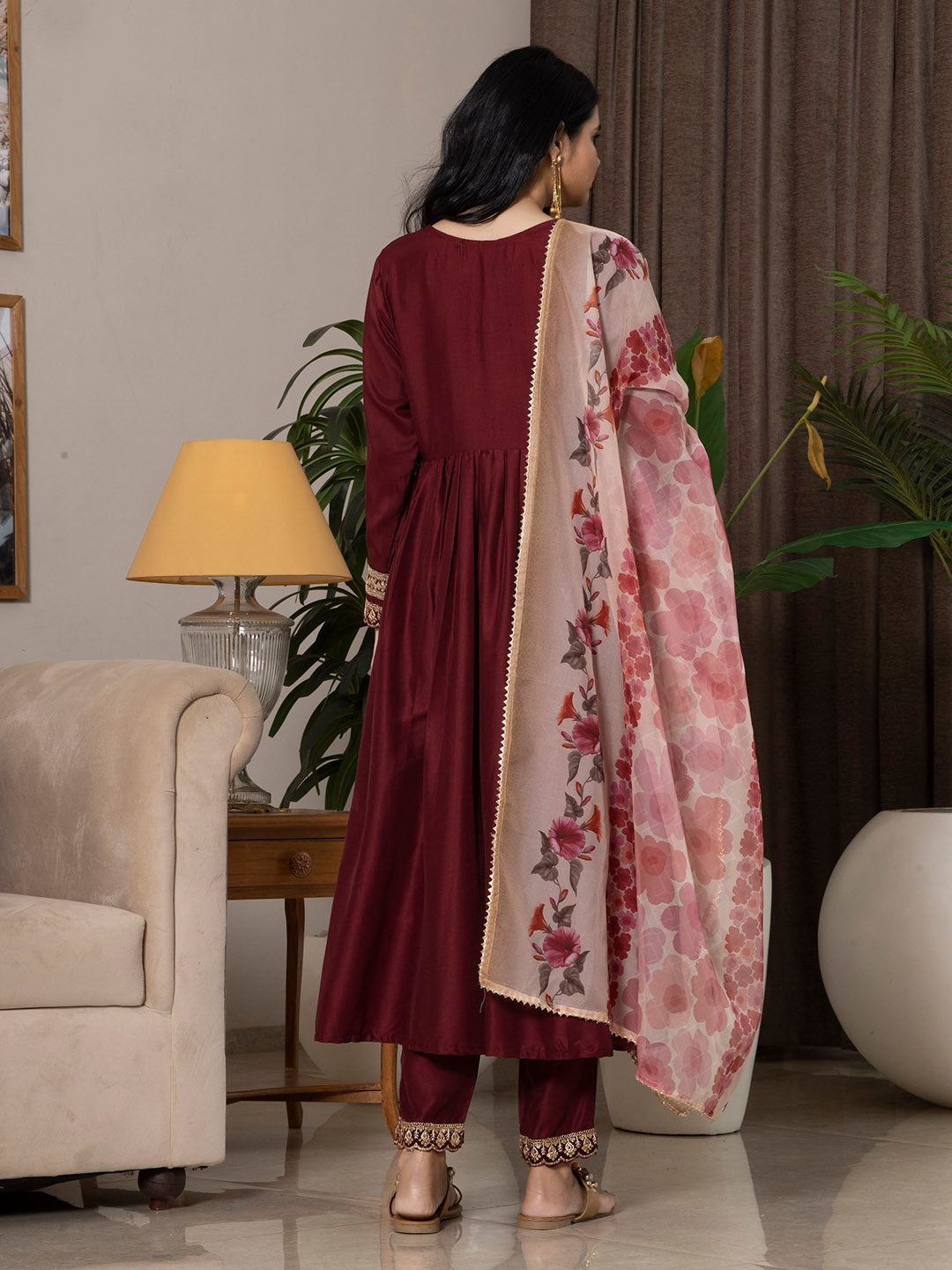 Maroon Chinon Embroidered Kurta Set With Dupatta - Laxis