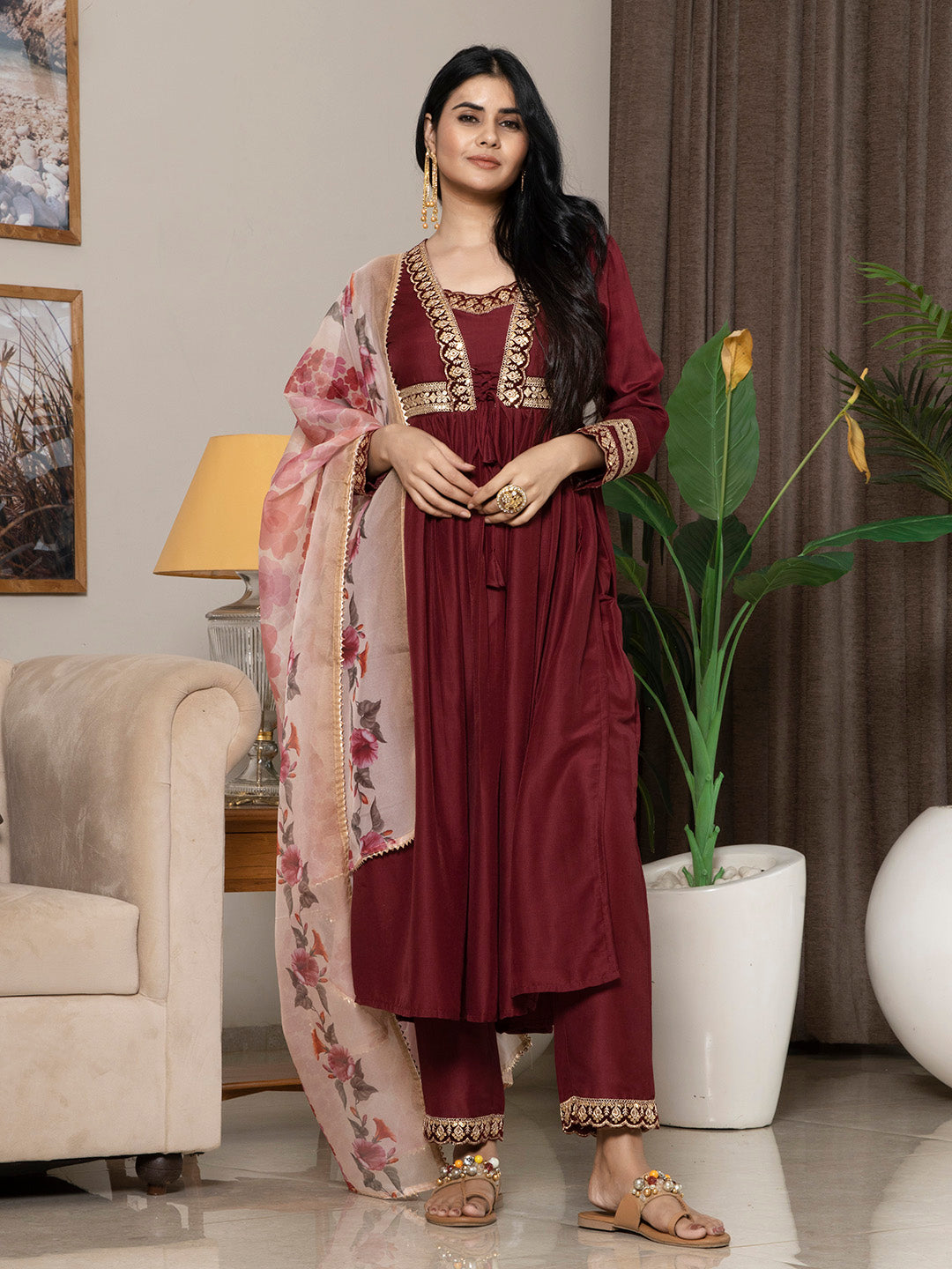 Maroon Chinon Embroidered Kurta Set With Dupatta - Laxis