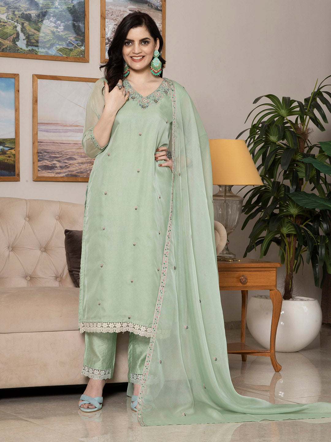 Light Peach Organza Kurta Set With Dupatta - Laxis