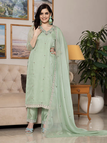 Light Peach Organza Kurta Set With Dupatta - Laxis