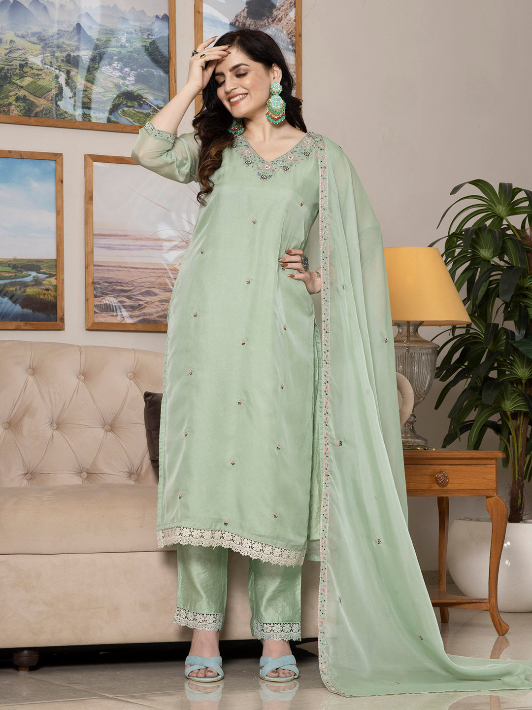 Light Peach Organza Kurta Set With Dupatta - Laxis