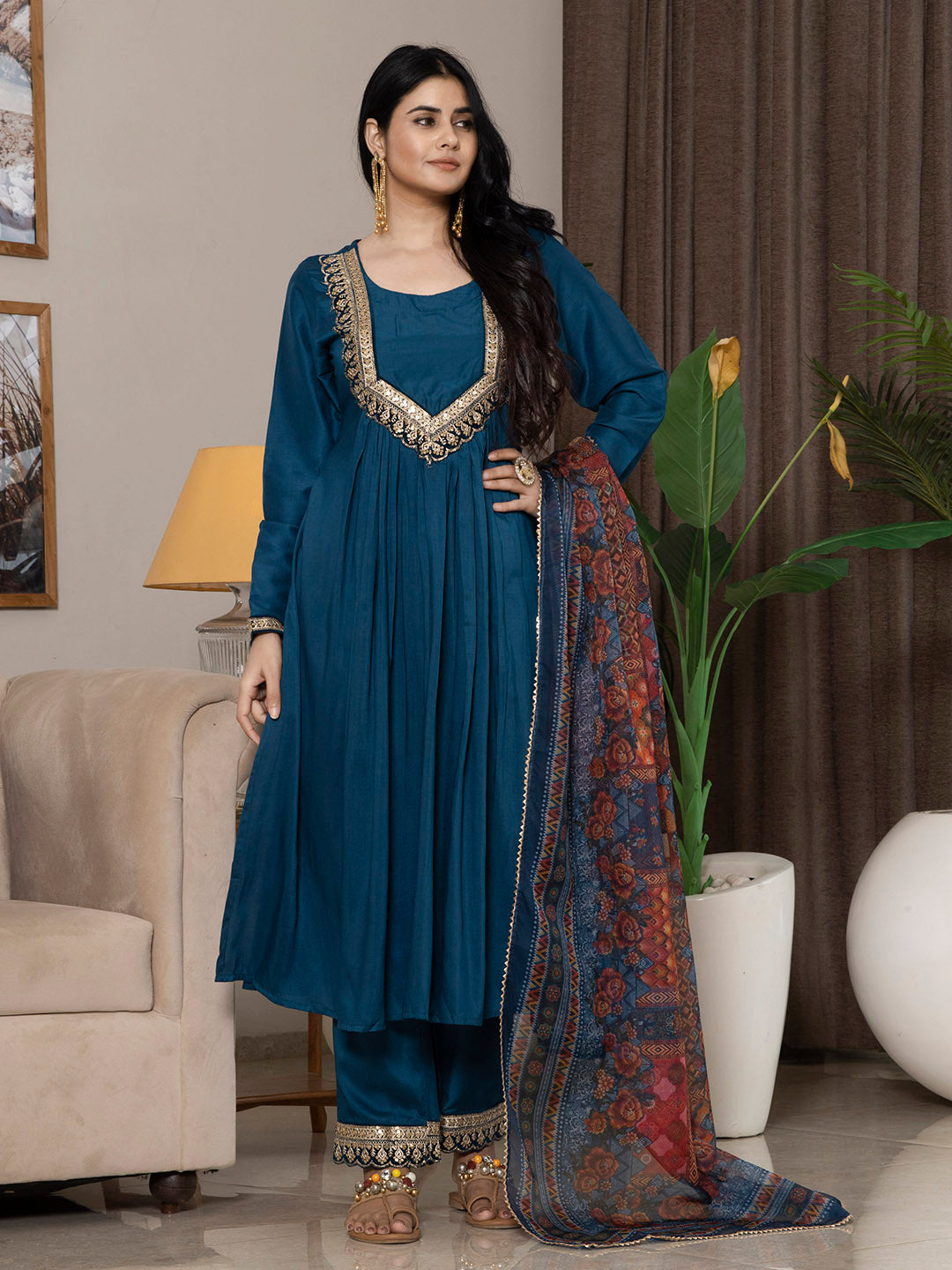 Blue Chinon Embroidered Kurta Set with Dupatta - Laxis