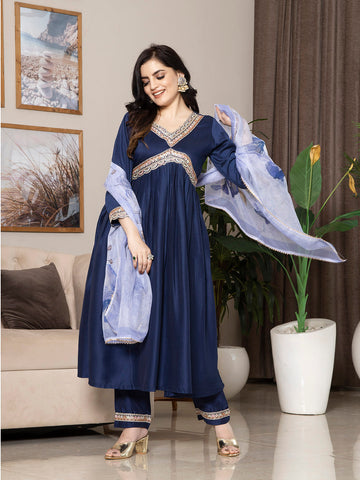 Navy Blue  Chinon  Embroidered Kurta Set with Dupatta - Laxis