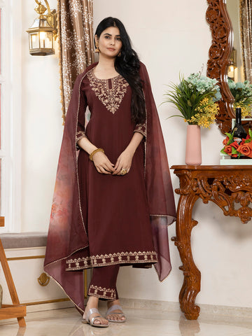 Maroon Silk Embroidered Kurta Set With Dupatta - Laxis