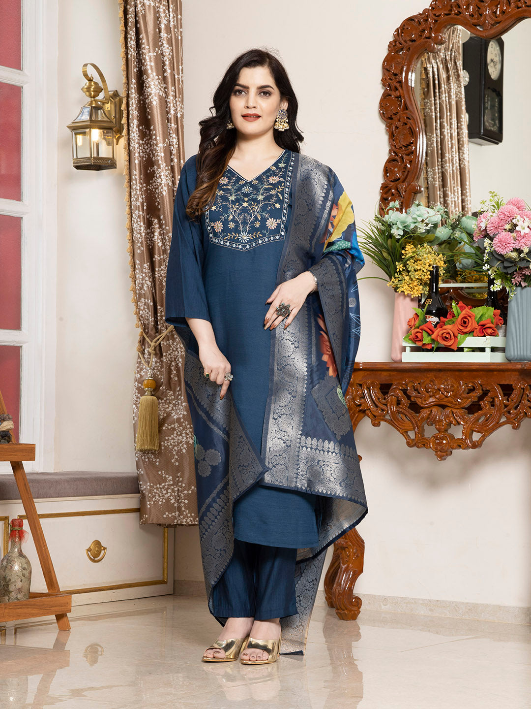 Navy Blue Rayon Embroidered Kurta Set With Dupatta - Laxis