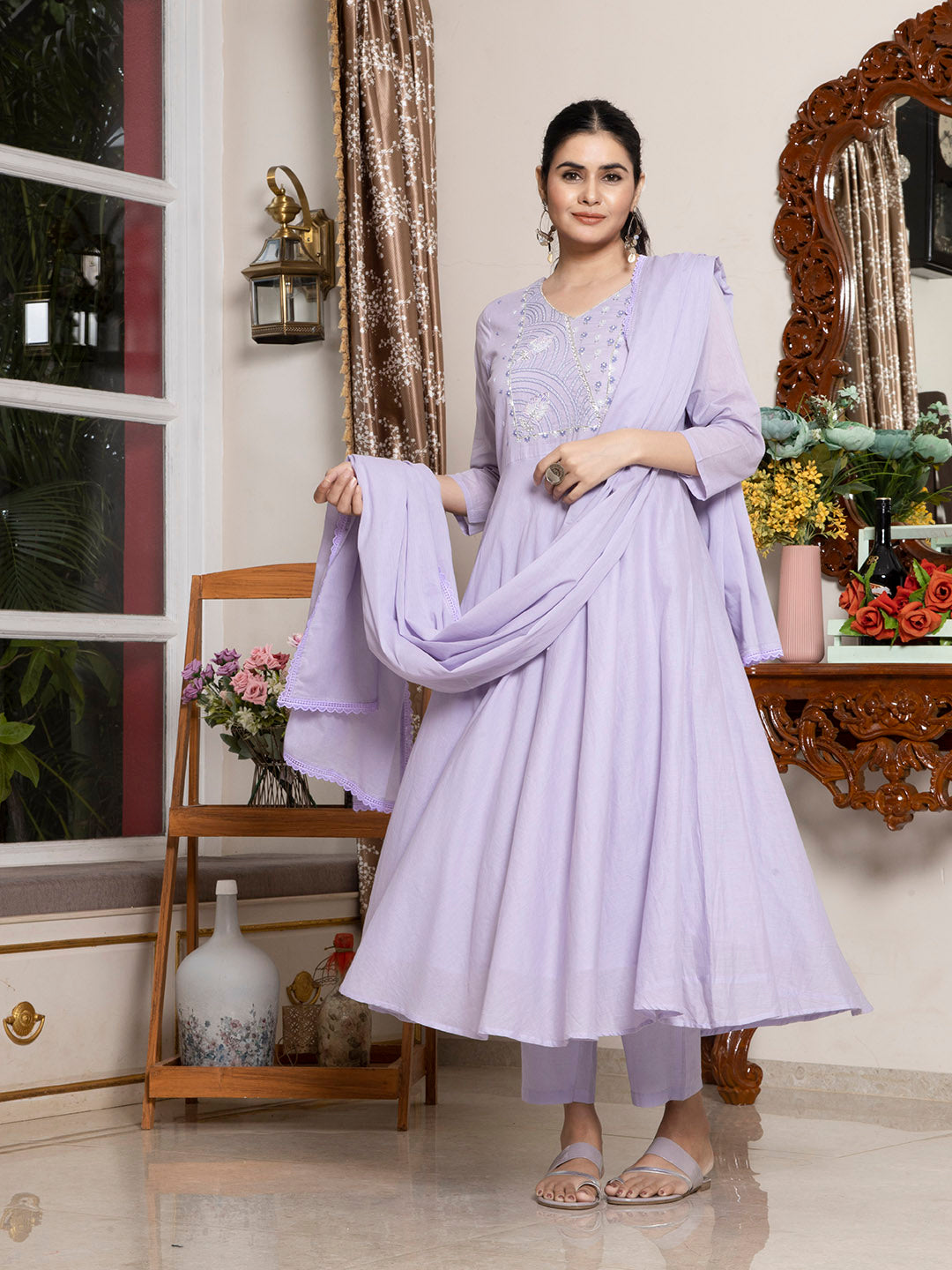 Lavender Cotton Embroidered Kurta Set with Dupatta - Laxis