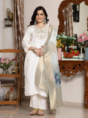 White Viscose Rayon Kurta Set with Dupatta - Laxis