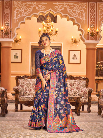 Swornof Womens Cotton Pashamina Saree - Blue