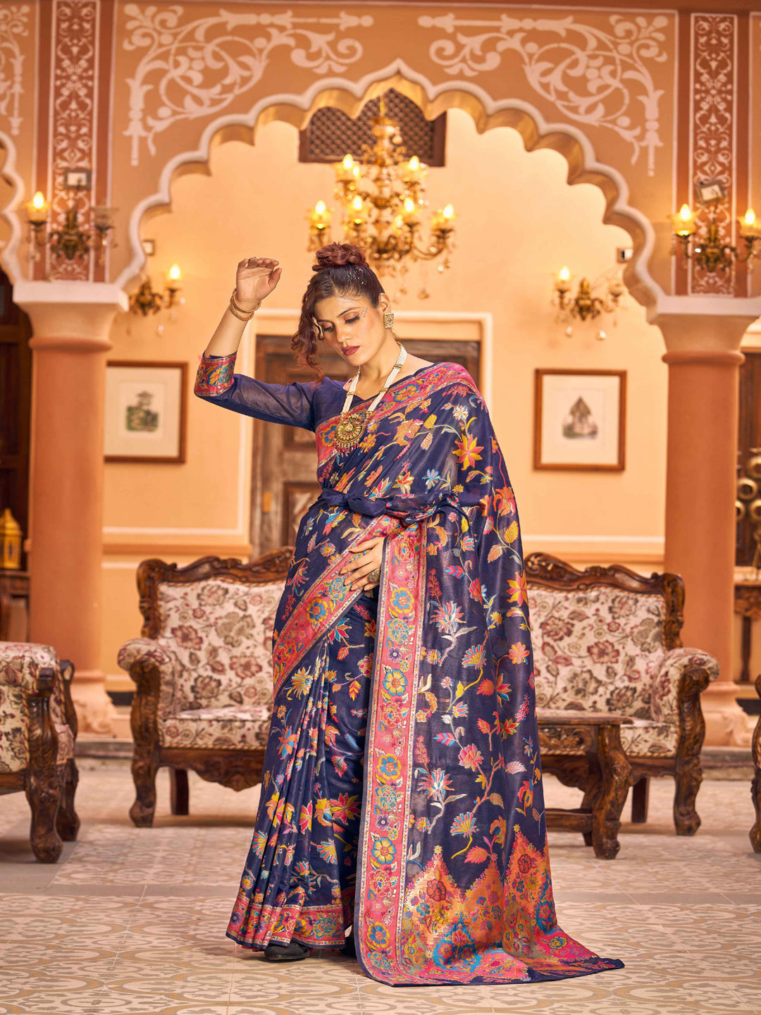 Swornof Womens Cotton Pashamina Saree - Blue