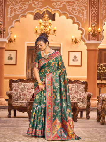 Swornof Womens Cotton Pashamina Saree - Green