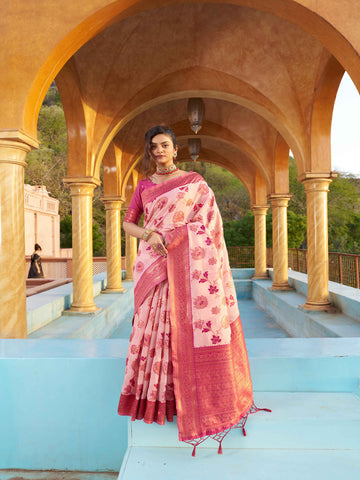 Swornof Womens Organza Woven Designer cotton Saree with Unstitched Blouse With Boluse Piece - Pink