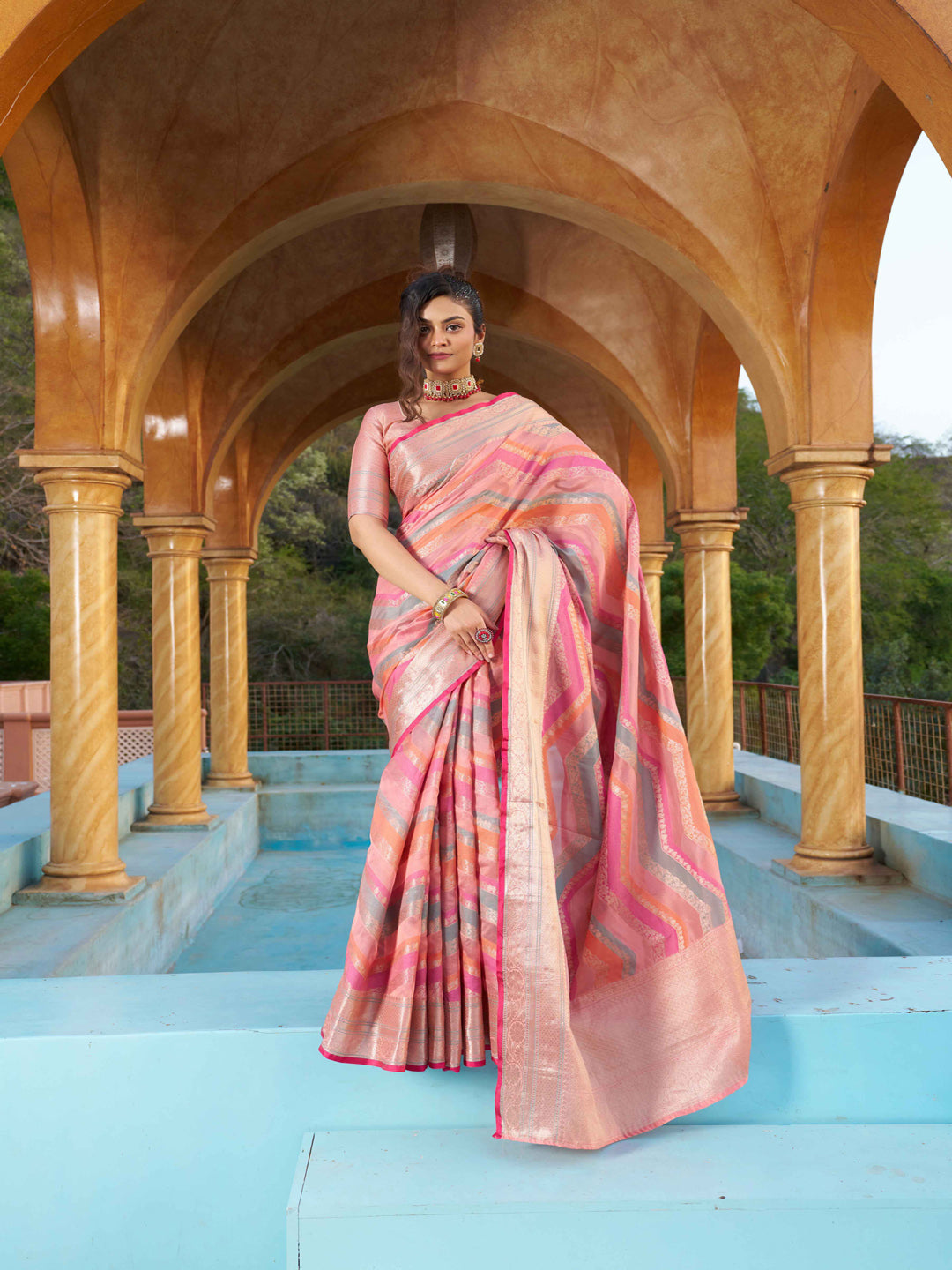 Swornof Womens Cotton Organza Saree - Peach