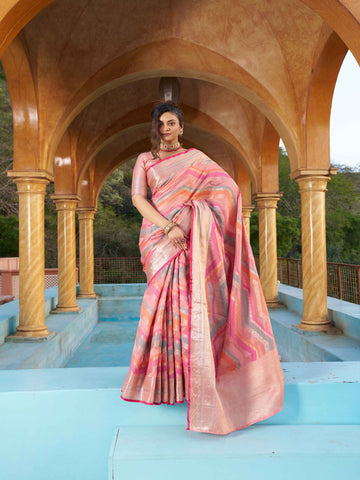 Swornof Womens Cotton Organza Saree - Peach